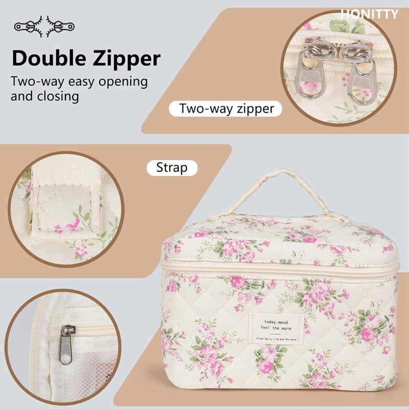 honitty Makeup Bag,Quilted Cosmetic Bags,Large Floral Make Up Organize bag,Makeup Bag Set for Women,Flower Travel Toiletry Bag - Image 4